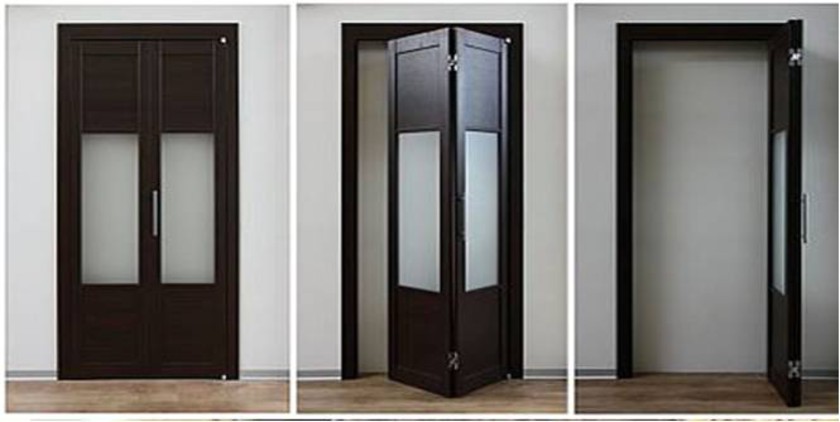 Шпонированные двери гармошка с матовыми стеклянными вставками Гродно