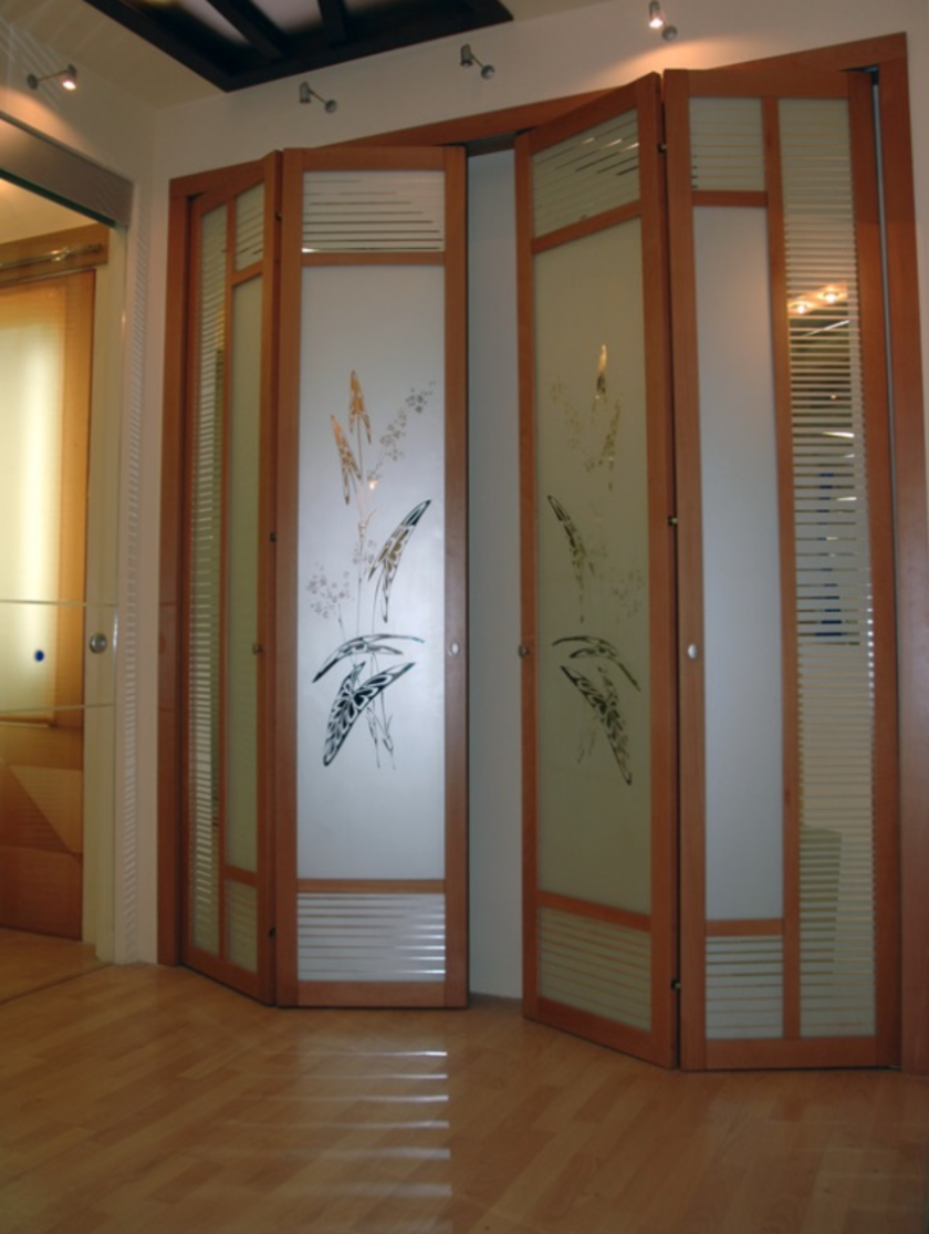 Широкие двери гармошка с матовым стеклом и рисунком Гродно